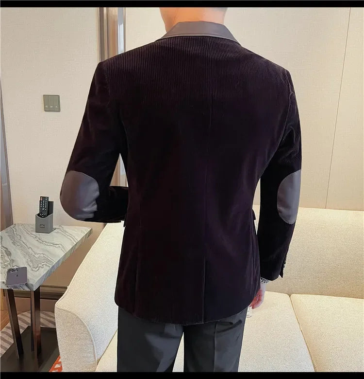 Autumn Winter Corduroy Suit Coat For Men Korean Elegant Slim Fit Business Formal Dress Coats Groom Wedding Tuxedo Suit Jacket