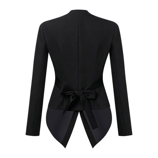 Office Lady Blazer V Neck Suits Coats Padded Shoulders Outerwear Women Solid Color Belted Waist Button-down Pointed Hem Jacket