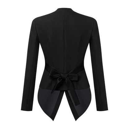 Women Solid Color Blazer V Neck Long Sleeve Padded Shoulders Belted Waist Button Pointed Hem Jacket Coat Office Lady Outerwear