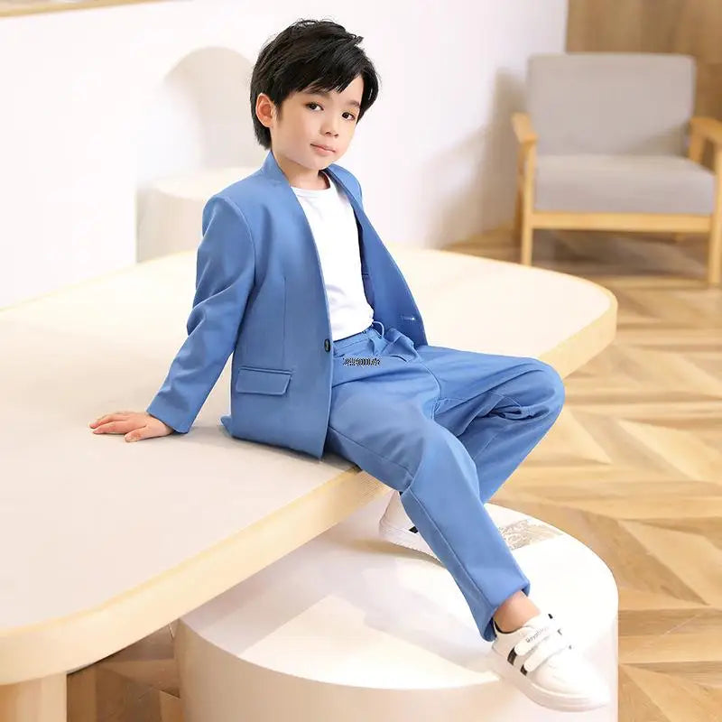 Boys Formal Suit Set Kids Wedding Tuxedo Jacket Pants Blue Ceremony Outfit