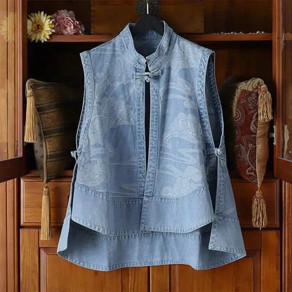 New Female Cowboy Vest Tops Coat Chinese Style Buckle Female Denim Waistcoat Jacket Ladies Cardigan Leisure Sleeveless Outerwear