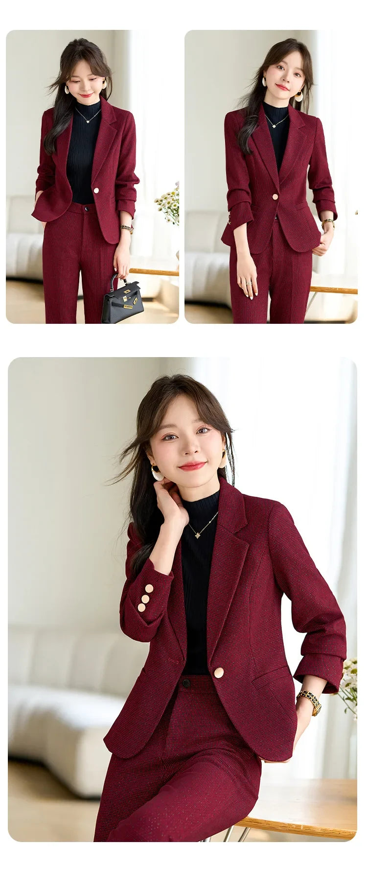 2024 Autumn Winter New Retro Plaid Woolen Blazer Coat And High Waist Flare Pant Two Piece Set Women's Suit Business Clothing