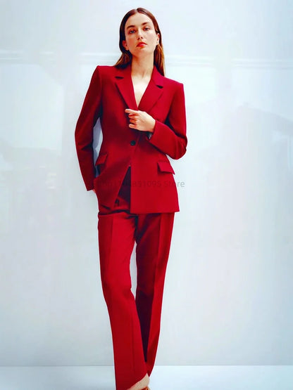 New Red Women's 2 Pieces Suit Lady Business Office Suits Slim Fit Notch Lapel Jacket Womens Tuxedo Casual Suits(Blazer+Pants)