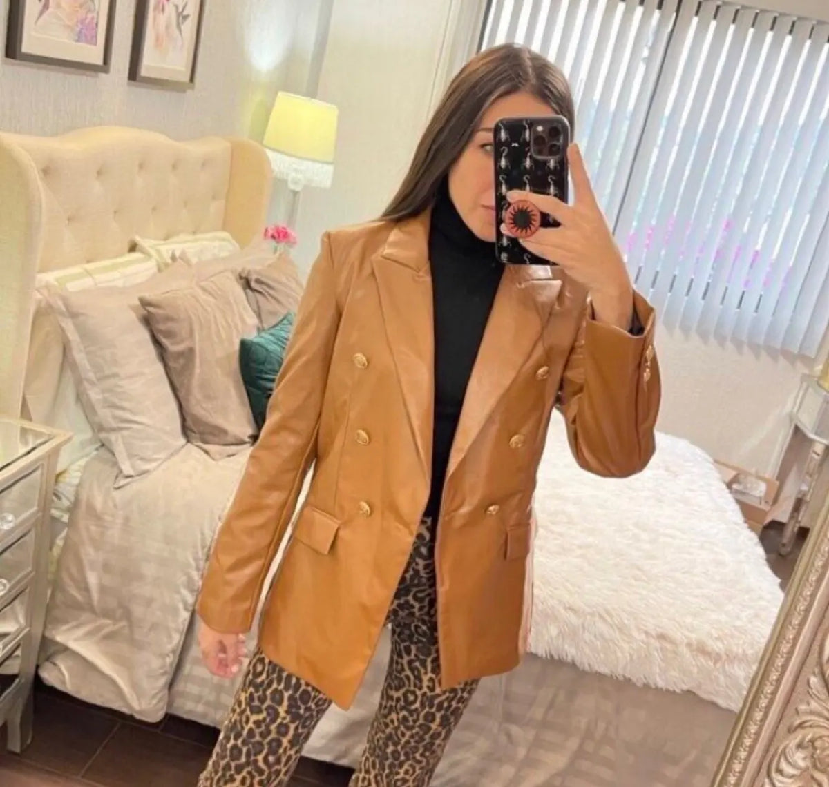 Women Fashion Notched Double Breasted PU Leather Blazers Coat Casual Straight Long Sleeve Back Vents Female Outerwear Chic Tops