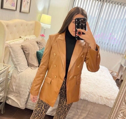 Women Fashion Notched Double Breasted PU Leather Blazers Coat Casual Straight Long Sleeve Back Vents Female Outerwear Chic Tops