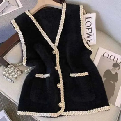 Spring And Autumn Annals Female New V-neck Knitted Mink Velvet Vest Women Xiaoxiangfeng Sweater V-neck Vest Shoulder Tops Jacket