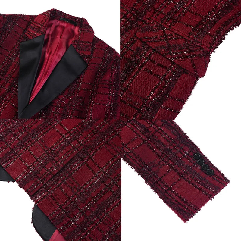 British Style Woven Suit Jacket Men Fashion Plaid Casual Business Blazer Gentleman Versatile Banquet Party Groom Wedding Coats