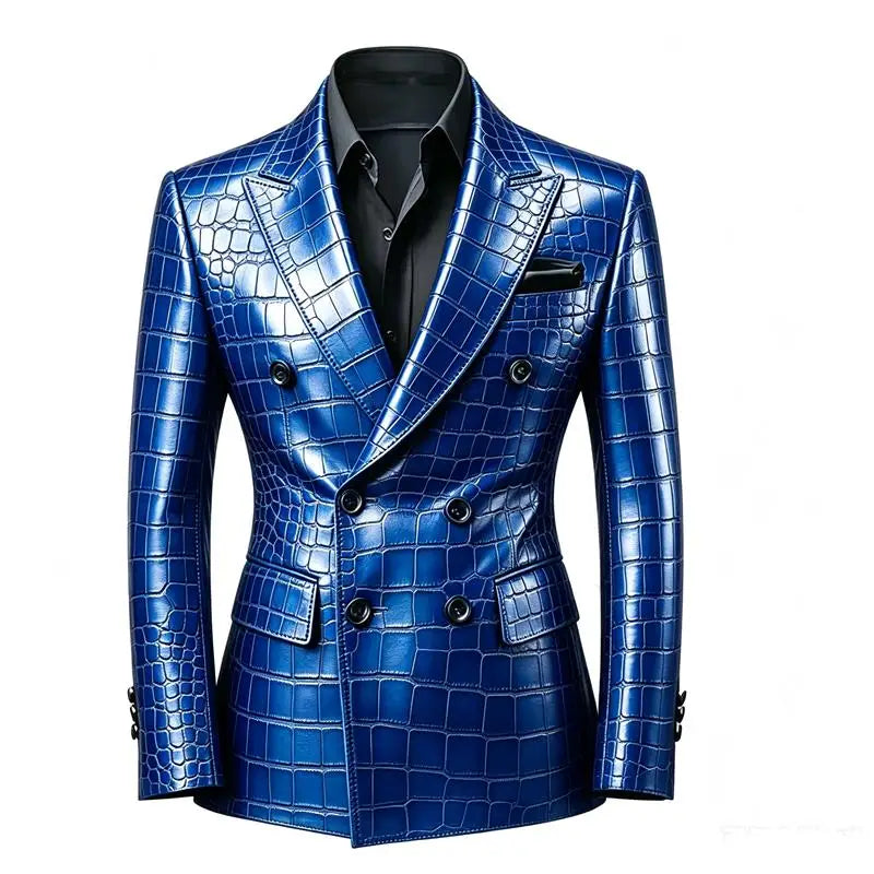 Men's Crocodile Embossed Leather Blazer Jacket Slim Fit Double Breasted Formal Suit Coat for Business Office Wrok Banquet Party