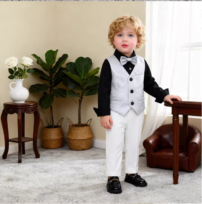 Boys Elegant Silver Suit Set Kids Piano Host Speech Catwalk Performance Costume Children's Wedding Birthday Photogrpahy Outfit