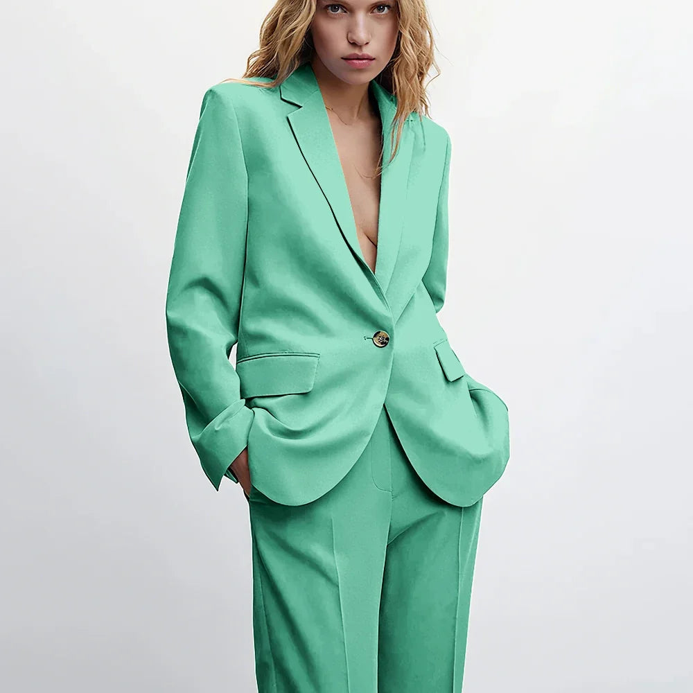 Graceful Blue Notch Lapel Suits For Women Casual Single Breasted 2 Piece Daily Interview Business Speech Outfits Jacket Pants