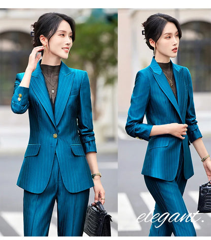 Professional Women's Suit2024New Autumn Green Striped Acetate Suit Workwear Elegant High-end Workplace Formal Wear