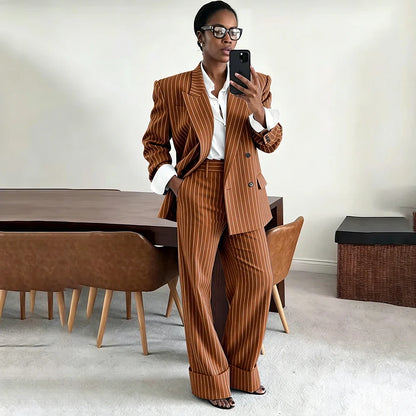 Neutral Gray Pinstripe Oversized Matching Sets Double Breasted Women's Suit Casual Formal 2-Piece(Jacket+Pants) Office Set