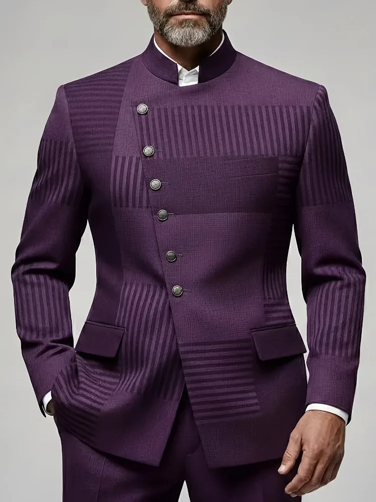 Men's Business Grape Geometric Colorblock Stand Collar Asymmetrical Single Breasted Long Sleeve Blazer
