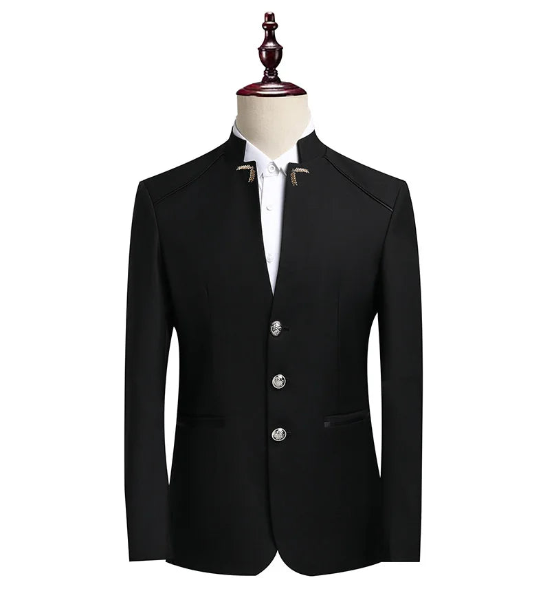 Men's Single-Breasted Slim Suit Two-Piece Set – Chinese-Style Stand-Up Collar – Smart Casual