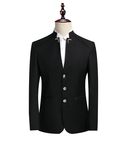 Men's Single-Breasted Slim Suit Two-Piece Set – Chinese-Style Stand-Up Collar – Smart Casual