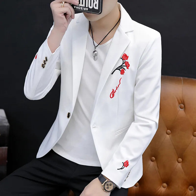 2025 New Korean Flower Embroidered Casual Suit Jacket Men Fashion Slim Fit Hairstylists Social Street Wear Blazers Men Clothing