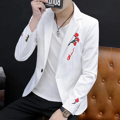 2025 New Korean Flower Embroidered Casual Suit Jacket Men Fashion Slim Fit Hairstylists Social Street Wear Blazers Men Clothing