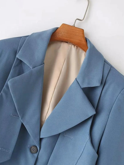 Women's Blue Blazer Jacket Vintage Office Ladies Long Sleeve Single Breasted Cropped Outerwear Suit Coat Y2k 2000s Spring Autumn