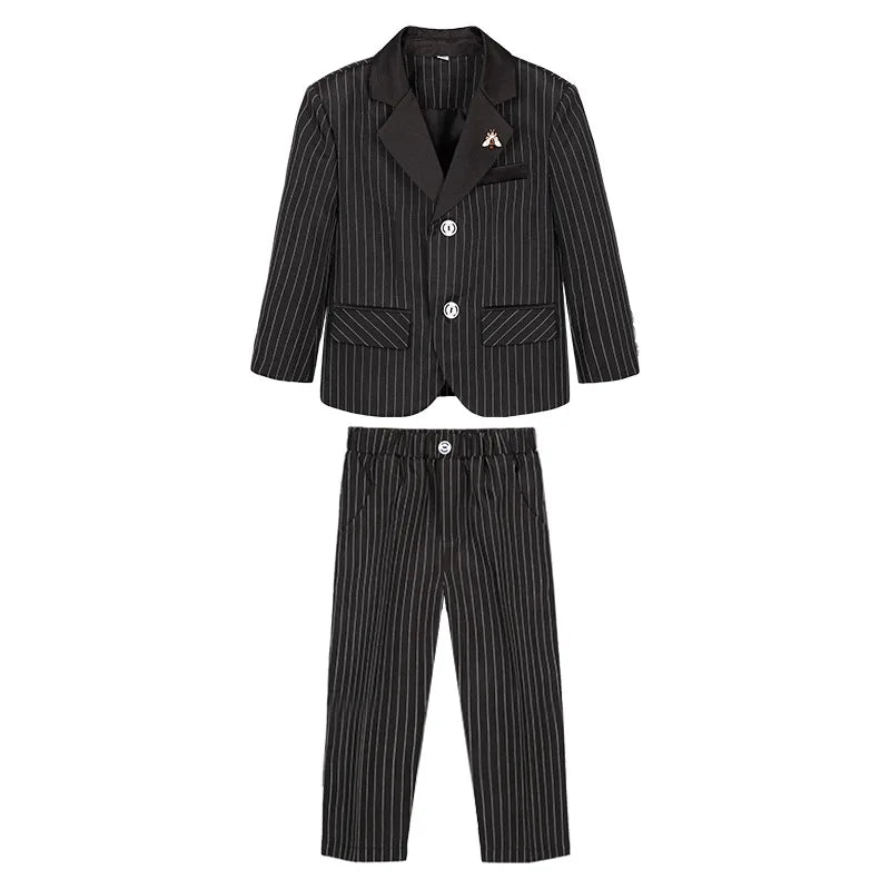 1-11Years Boys Spring Autumn Striped Suit Set Kids Formal Wedding Birthday Party Wear With Jacket Pants Bowtie Brooch