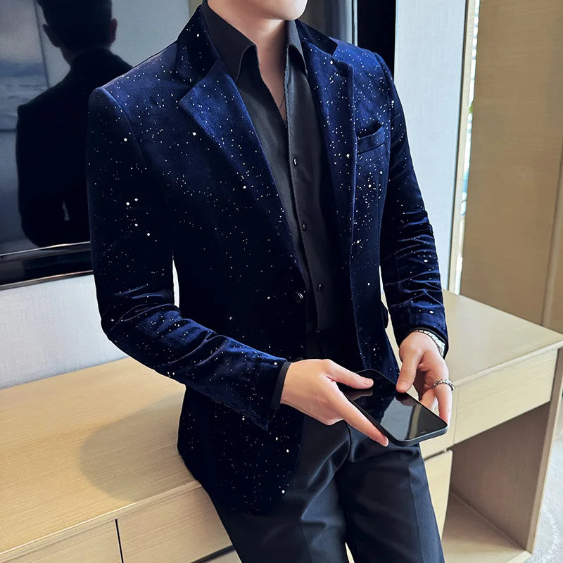 2025 Autumn New Velvet Jacket Men's Blazer Business Fashion Hot Stamping Printed Suit Jacket High-quality Luxury Dress Suit