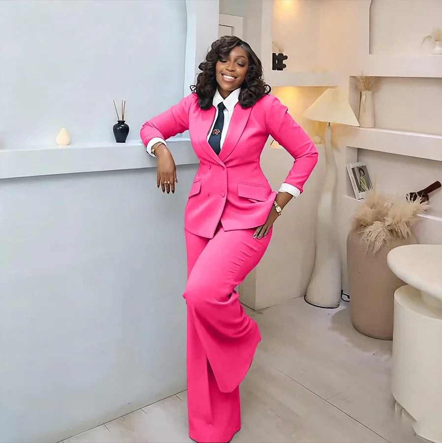 Classic Professional Burgundy Double Breasted Women's Suit Office Formal 2 Piece Jacket Pants Set Casual Daily Streetwear