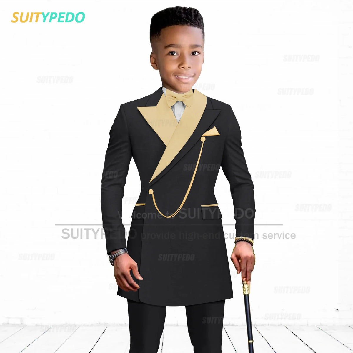 Brief Kids Suit Set  Formal Evening Prom Boys Stylish Gold Lapel Blazer And Pants Two Pieces Children Baptism Formal Costumes