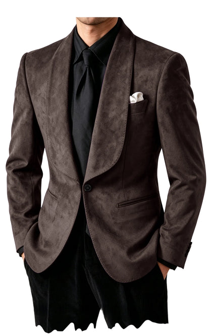 Luxury Men's Faux Suede Blazer Shawl Lapel 1 Button Slim Fit Tuxedo Jacket Business Casual For Wedding Party Prom Suit Coat