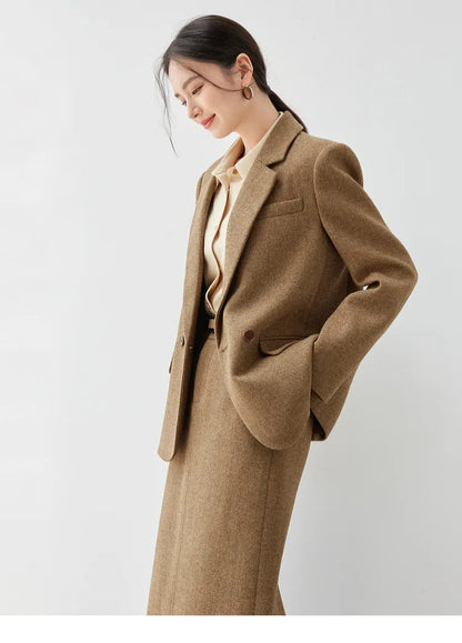 Wool Blend Tailored Blazer Coat Women Winter Straight Jacket 2026 England Style Fashion Female Outerwear 144X57016