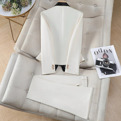 Elegant Chic Hit Color Blazer Pants Set for Woman 2 Pieces Sets Autumn Office Lady Work Jacket Coat and Trousers Suit White
