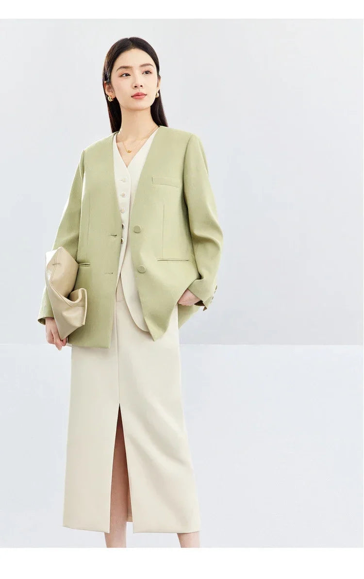 Women Blazer Khaki Green Suit Jacket 2026 Spring V Neck Office Lady Long Sleeve Outerwear Woman Clothes 141X52951