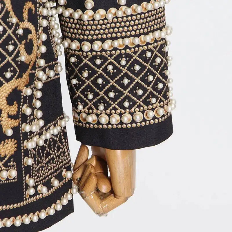 Autumn New Women's Elegant Fashion Luxury Heavy Craft Beaded Printed Coat Stylish V-neck Long Sleeve High-end Blazer HK8297