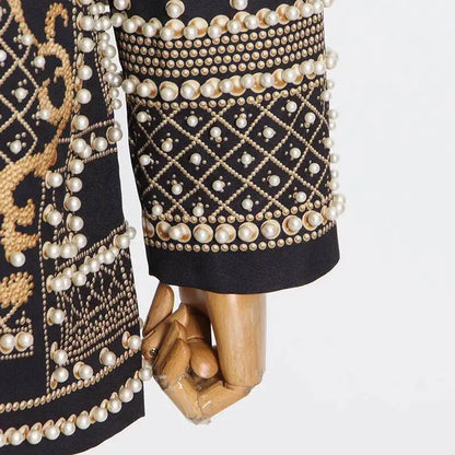 Autumn New Women's Elegant Fashion Luxury Heavy Craft Beaded Printed Coat Stylish V-neck Long Sleeve High-end Blazer HK8297
