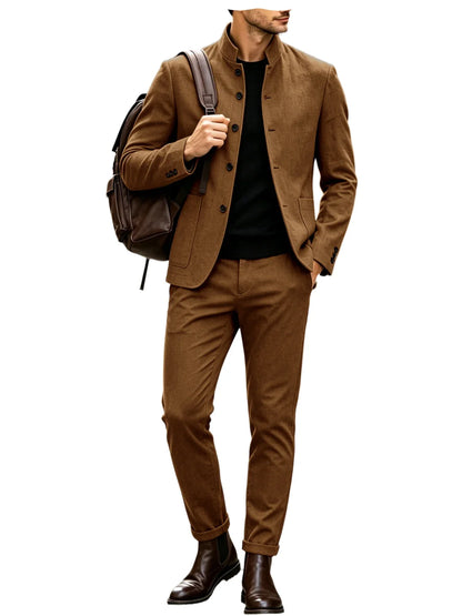 Men Stand Collar Linen Blazer Set Slim Fit 2 Pieces Jacket Pants Breathable Wrinkle‑Resistant Vintage Casual Business Outerwear
