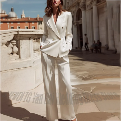 Modern Style Double Breasted Women Suit 2 Piece Fashion Jacket Pants Solid Color Elegant Office Lady Formal Party Wedding Set