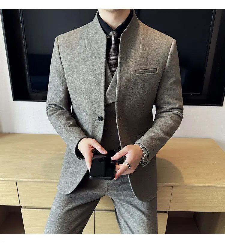 Men's 3-Piece Slim Fit Stand Collar Suit – Wedding, Prom & Office Formal Set