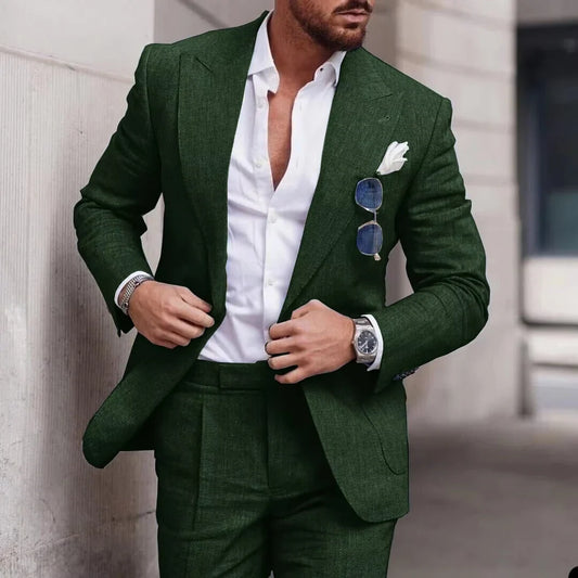 Men's 2-Piece Linen Suit – Slim Fit Notch Lapel Blazer & Trousers for Wedding, Business & Formal Occasions