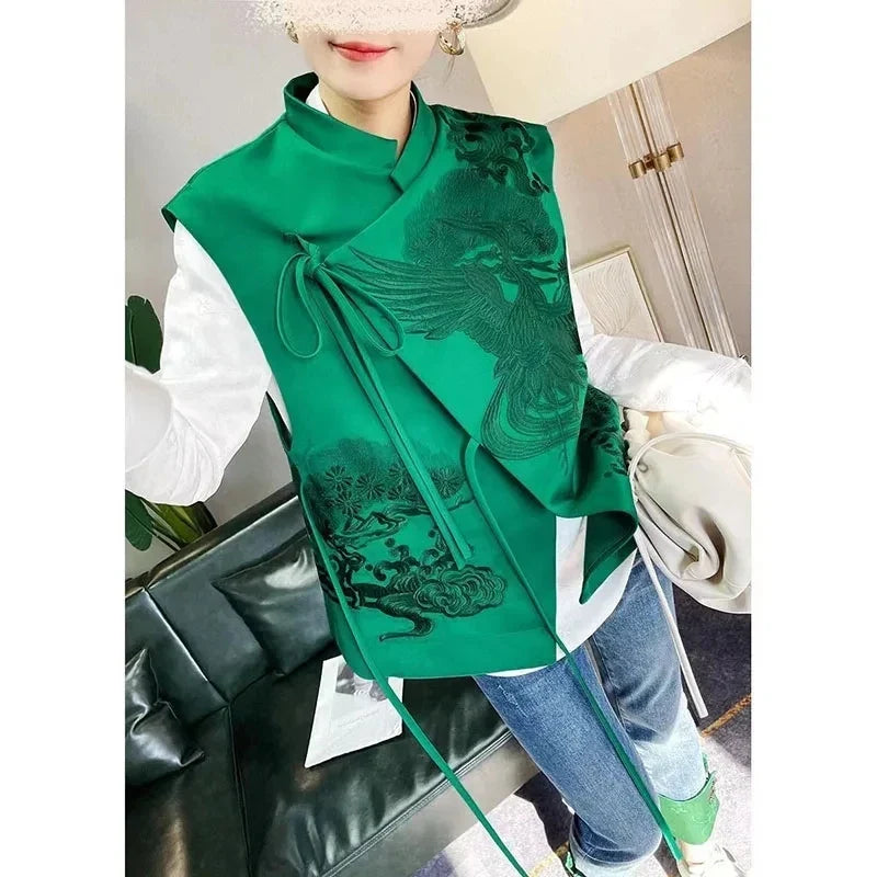 2026 Spring Summer Vintage Embroidery Green Lace Chinese Vest Jacket Chinese Style Waistcoats Outerwear Female Sleeveless Jacket