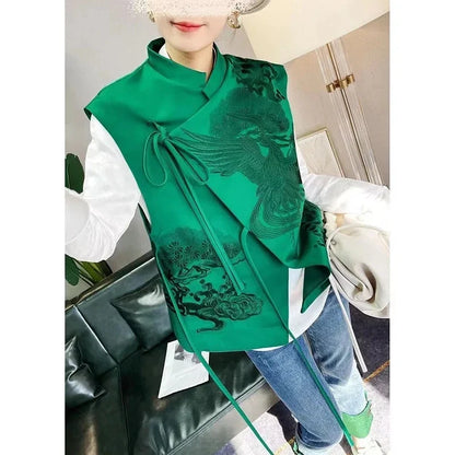 2026 Spring Summer Vintage Embroidery Green Lace Chinese Vest Jacket Chinese Style Waistcoats Outerwear Female Sleeveless Jacket