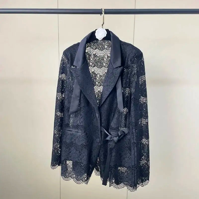 Black Lace Long Sleeve Open Front Casual Party Outerwear Single Breasted Women New Autumn 2026 hot-Selling CPG5745