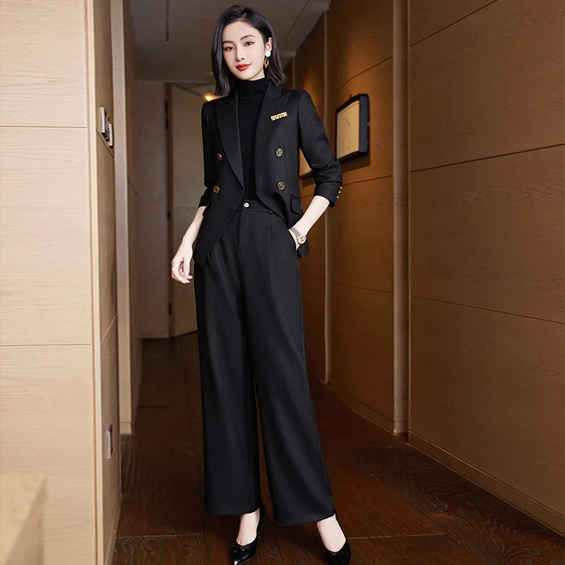 Elegant Women's Double Breasted Blazer Pants Set 2025 Autumn Winter Fashion Office Work Outfit Lady Matching Set Trousers Jacket