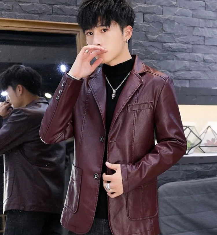 Men's Faux Leather Blazer Jacket Autumn Winter Warm Fleece Lined Casual Versatile Outerwear