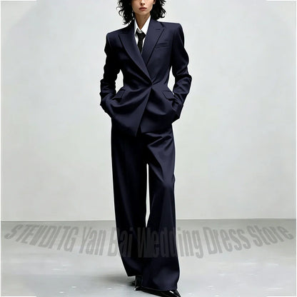 Casual Women Suit Trendy Solid Black Long Sleeve Lapel Straight Fashion Jacket Pants All-Match Shopping Street Style Daily Wear