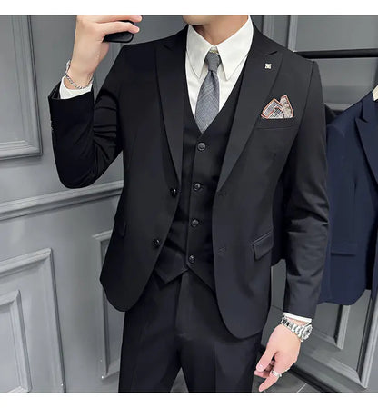 Men's 3 Piece Suit Set Double‑Button Slim Fit Solid Color Business Casual Wedding Party Jacket Vest Pants Formal Outfit for Men