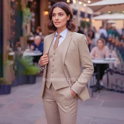 Khaki/Beige  Single Button Women Pants Set New Female Three Pieces(Blazer+Trousers+Vest) Casual Formal Party Suits Lady Outfits