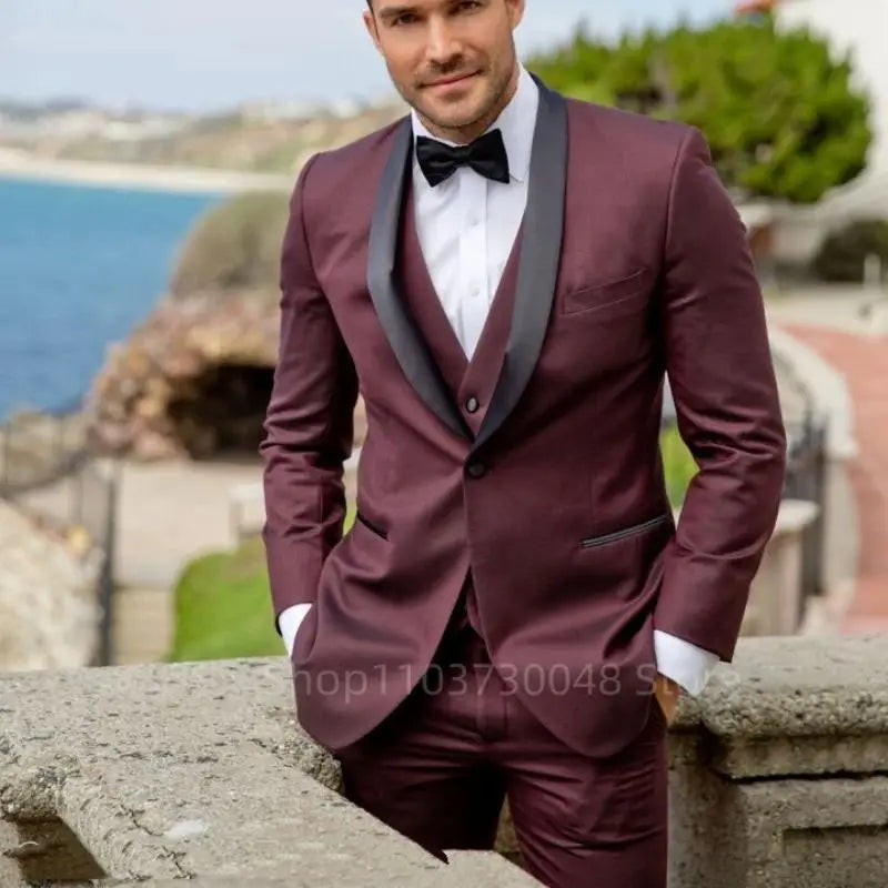 Classic Style 3 Piece Slim Fit Dark Burgundy Men's Tuxedo Suit Shawl Lapel Single Breasted Blazer Vest Pants Set for Party Groom