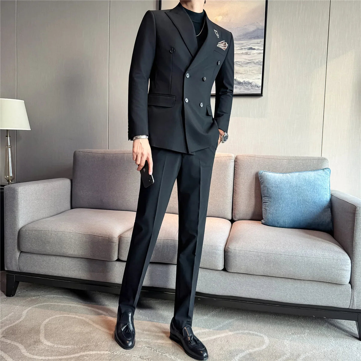 High-quality, anti-wrinkle and no-ironing, high-end, fashionable and stylish double-breasted suit two-piece set with beaded edge
