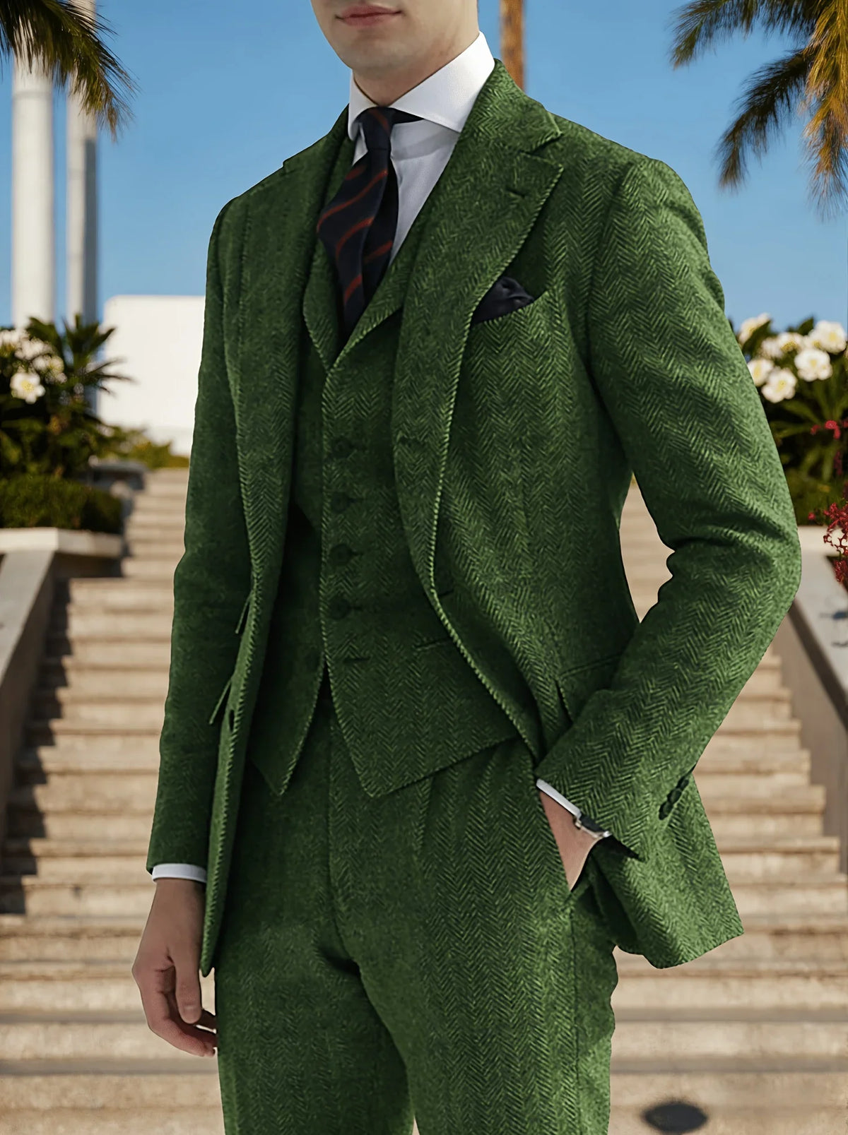 Men's Green Herringbone Texture Blazer, Sophisticated Business Style, Structured Fabric, Slim Fit Design, Formal Occasion Statem