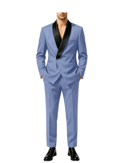 Men's Slim Fit Tuxedo Suit with Black Satin Shawl Lapel – 2-Piece Blazer & Pants for Wedding, Prom & Formal Events