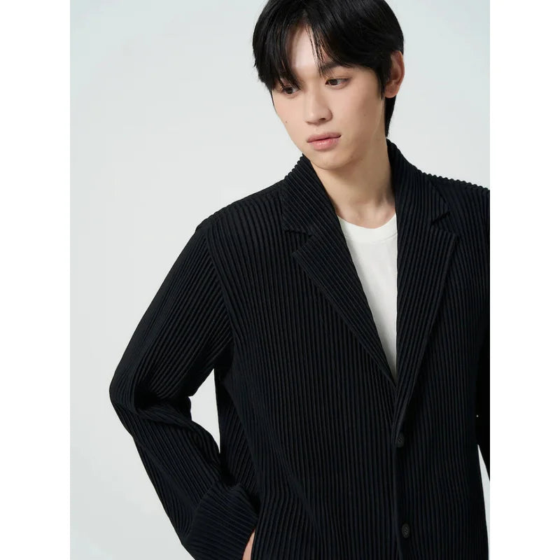 Miyake Pleated Men's Blazer Jacket Japanese Style Slim Fit Suit Coat Stretch Business Casual Office Fashion Luxury Wrinkle Free