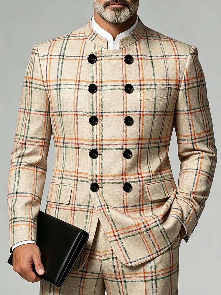 Luxury Classic Men's Blazer Wedding Party Business Plaid Mandarin Collar Slim Fit Double Breasted Jacket Plus Size Outerwear